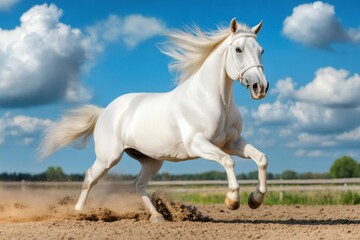 Wall Mural - white horse running fast in the sand on a sunny day