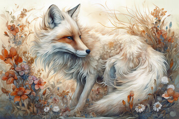 Canvas Print - white fox among the grass in autumn., watercolor style, Generative AI