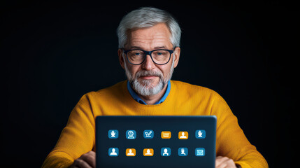 Poster - experienced man in yellow sweater using laptop with digital icons