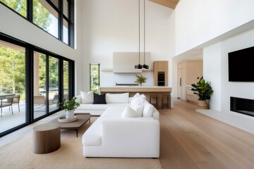 Poster - Modern open plan living room connecting to kitchen with high ceiling and large windows