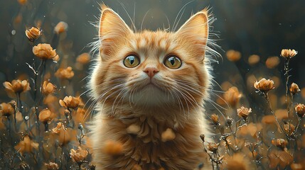 Wall Mural - Ginger kitten in flowers, curious gaze, autumnal background, pet portrait