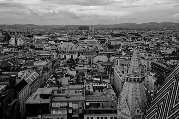 Wien capital of Austria Europe from above in black and white. Historic city of culture. Monuments that have been able to unite the history of ancient and medieval architecture with the contemporary