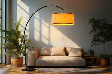 Poster - Modern living room interior with sofa, arc lamp and plants enjoying sunlight