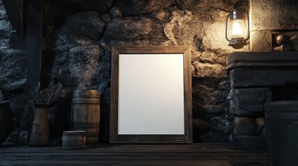 Poster - Blank frame in rustic stone room setting