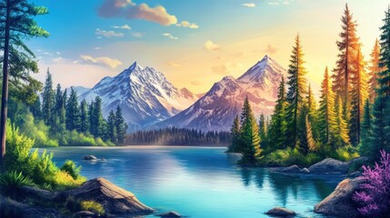 Aufkleber - Serene Mountain Lake Sunset Landscape Painting