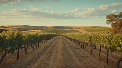 Poster - Vineyard Rows Stretch Towards Distant Hills Under a Cloudy Sky