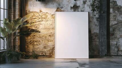 Poster - Blank canvas leans against rustic brick wall