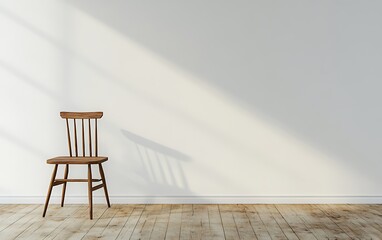 Wall Mural - A photorealistic depiction of a Scandinavian home office, featuring an empty wall, dining table, and chair near the kitchen