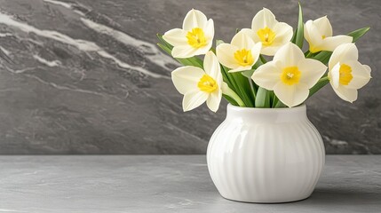 Wall Mural - A beautiful arrangement of white and yellow flowers sits gracefully in a ceramic vase atop a gray marble surface, elegantly adorned with subtle, delicate lines