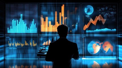Poster - Businessman Analyzing Financial Data On Multiple Screens