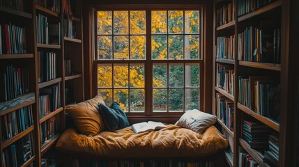 Poster - Cozy Reading Nook With Autumnal View And Bookshelves