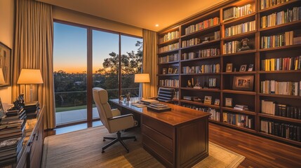 Poster - Sunset View Office With Large Bookcase And Desk