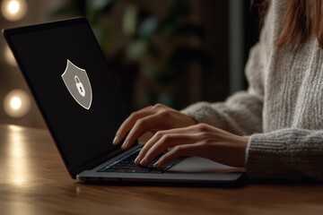 Poster - A person is typing on their laptop with an illustration of two floating icons, one representing the business and another showing digital security in white color with a shield symbol Generative AI