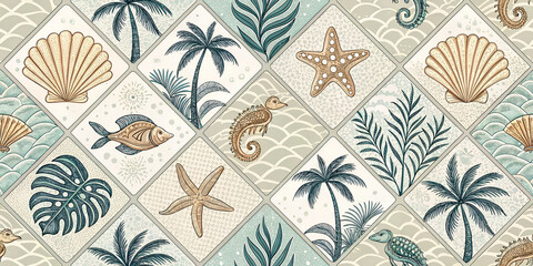 illustration of tiles with palm trees, starfish, shells, coral flowers - seamless pattern for your d