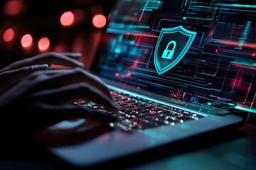 Poster - Close-up of hands typing on a laptop, with a digital shield and lock icon overlaying the screen, symbolizing security in an online work environment Generative AI