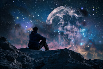 Poster - space tourist exploring moon planet landscape generative ai