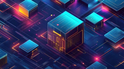 Poster - Abstract Neon Cubes and Digital Linescape Design