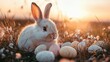 © Anastasiia K. - easter concept. Adorable fluffy bunny sitting among colorful Easter eggs on spring meadow, surrounded by blooming flowers, soft sunlight, natural and cheerful atmosphere. copy space.