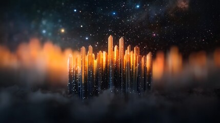 Crystal city night sky cloudscape; futuristic fantasy illustration