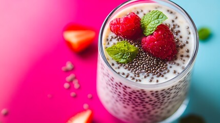 Wall Mural - Healthy chia pudding made with seeds soaked in plant based milk isolated on a colorful background