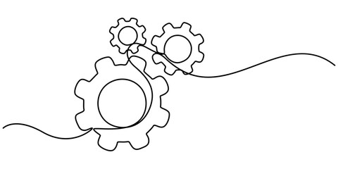 Setting icon continuous one line drawing vector illustration, Continuous one line drawing of Setting icon isolated on white background outline vector illustration, machine wheel gears pro vector.