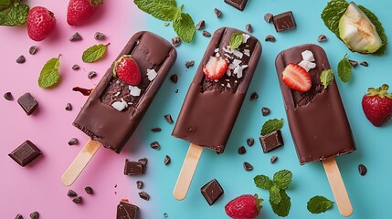 Wall Mural - Healthy vegan coconut ice cream popsicles with chocolate and toppings isolated on a colorful background