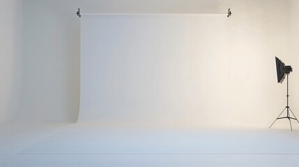 professional white photography studio setup with lights and empty backdrop