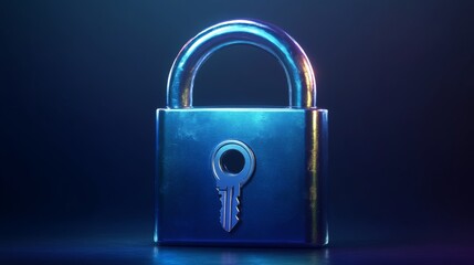 Poster - 3d lock padlock with key. blue secure locker icon. isolated secret privacy keyhole for door or house