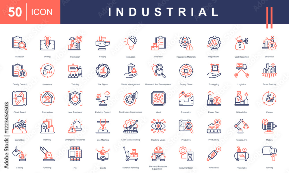 Icons set representing Industrial processes, including production ...