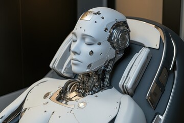 Poster - Advanced humanoid robot resting in a modern environment, showcasing futuristic technology