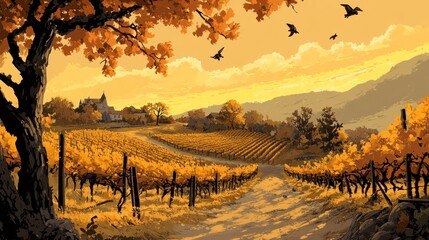 Poster - Autumnal Vineyard Landscape with Distant Chateau