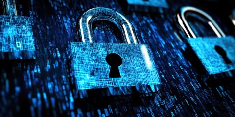 Poster - Abstract blue background with a digital padlock symbol and a data protection concept This provides ample copy space for your text message or web banner design Generative AI