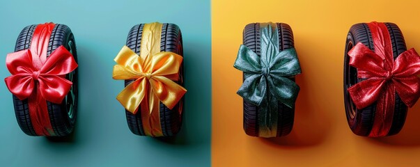 Wall Mural - New car tires with vibrant ribbons on a colorful backdrop, perfect gift for father's day or black friday