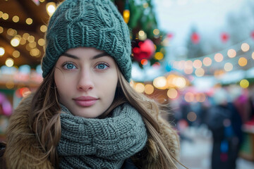 Sticker - Ai generate beautiful woman against the backdrop of christmas fair lights on street in snow