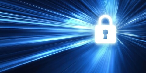 Poster - Abstract blue background with a digital padlock symbol and a white light flare, representing the concept of security technology or cyber life Generative AI