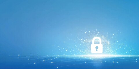 Poster - Blue background with a security lock symbol and a digital data network, with a white light flare in the center Abstract futuristic technology concept Generative AI