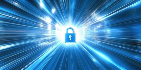 Poster - Blue background with a digital padlock symbol and light rays, a illustration of a security or cyber tech concept A big data connection graphic design element for a banner Generative AI