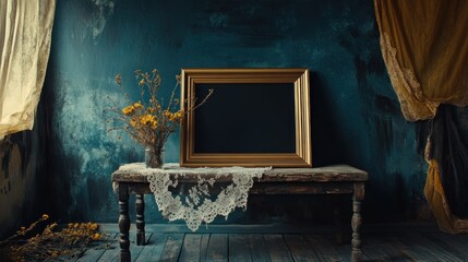 Poster - Vintage Room Setting With Gold Frame and Flowers