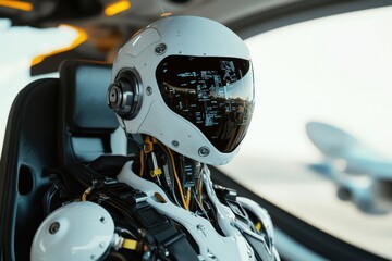 Poster - Futuristic robot pilot seated in a high-tech aircraft cockpit during daylight