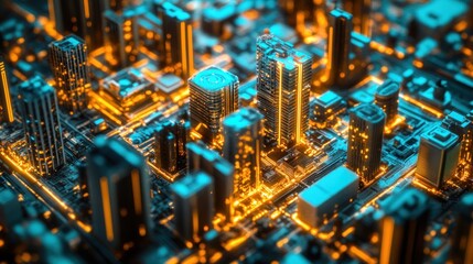 Poster - Futuristic Cityscape Illuminated With Glowing Circuits