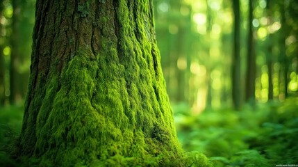 Aufkleber - Moss Covered Tree Trunk In Lush Green Forest
