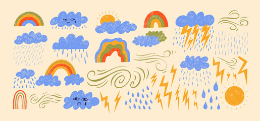 Poster - Childish crayon drawn clouds, lightnings, sun, rainbow and wind motion collection. Hand drawn colorful kid's stickers, naive funky vector elements. Cloud rain weather cartoon cute set.