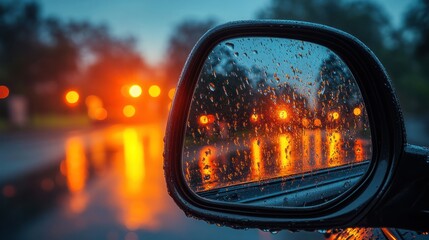 Sticker - Rain-streaked mirror, city night, driving, blurred lights, safety