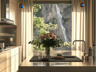 A kitchen with a window that has a waterfall in the background. A vase of flowers sits on the counter