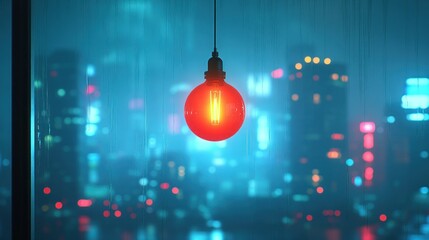 Sticker - Rainy city night, glowing bulb, window view, urban scene, mood lighting