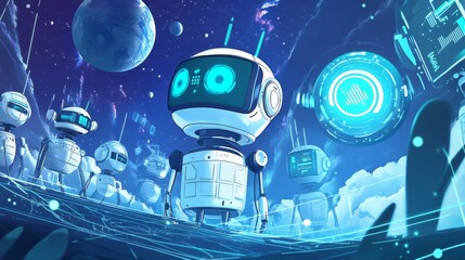 Poster - Cartoon set of smart gadgets and communication technology on blue background. Vector illustration of chatbot, drone, data storage device, wire, vr headset, nft text on space background with planets