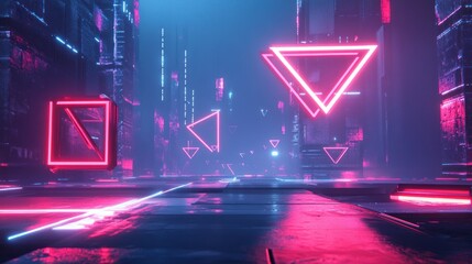 Poster - Futuristic Cityscape with Neon Triangles and Squares