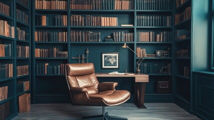 Poster - Leather Chair Study Room With Extensive Book Collection