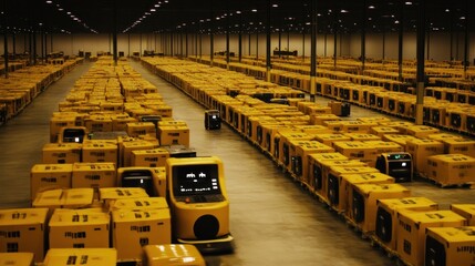 Poster - Automated Warehouse Robots Moving Yellow Packages Efficiently