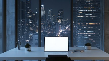 Poster - Nighttime cityscape view from modern office desk